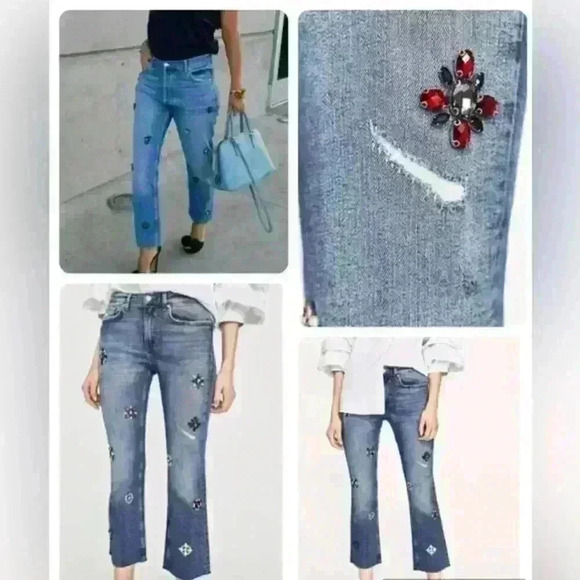 Zara High Rise Denim Blue Sparkly Bead Rhinestones Jewellery Distressed Size 4 - Picture 1 of 8